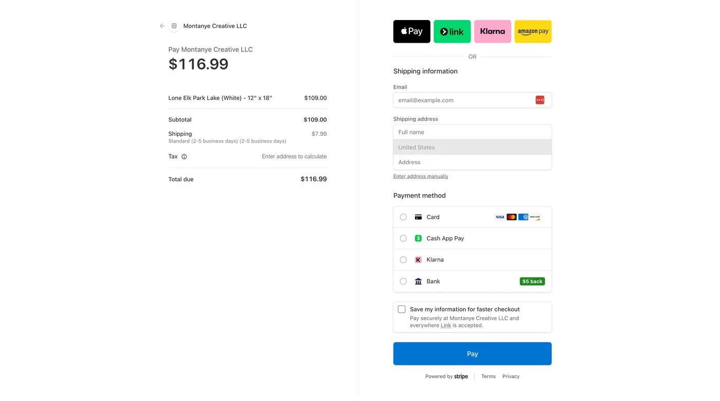 Single-page Stripe checkout for Montanye Creative LLC with multiple payment methods