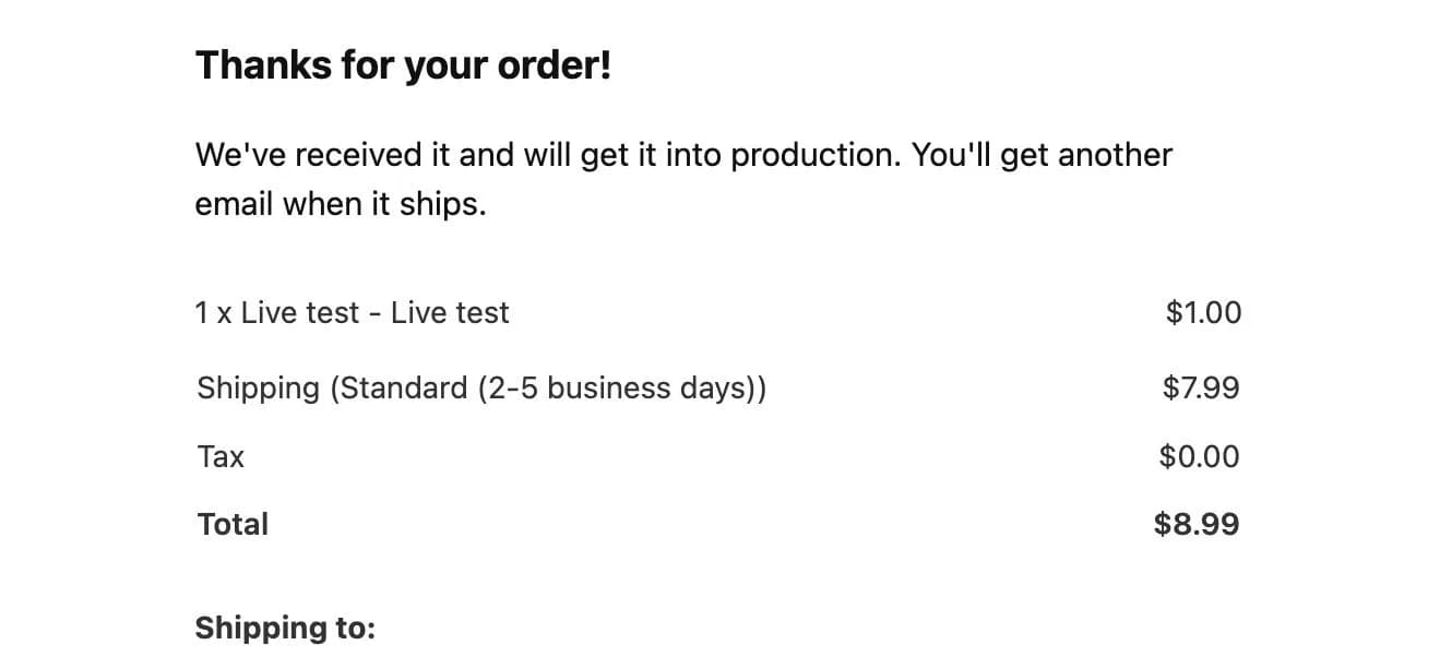 Order confirmation email reading 'Thanks for your order'