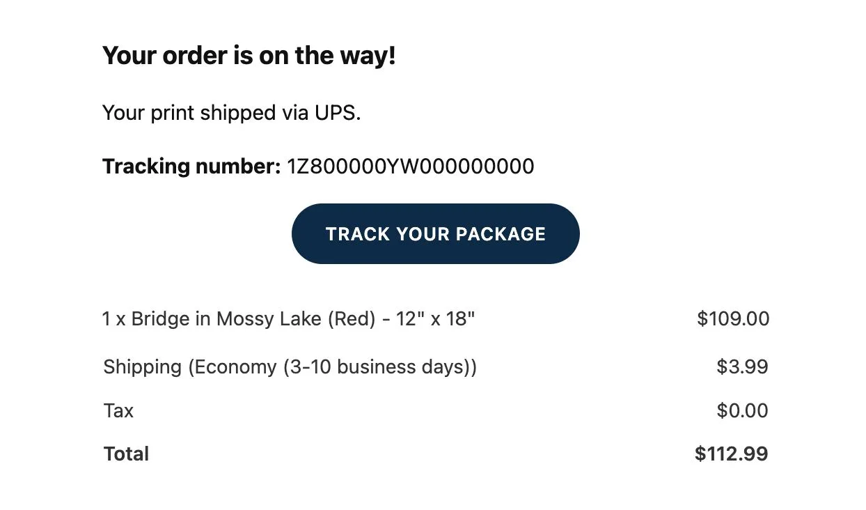 Shipping confirmation email with a UPS tracking number