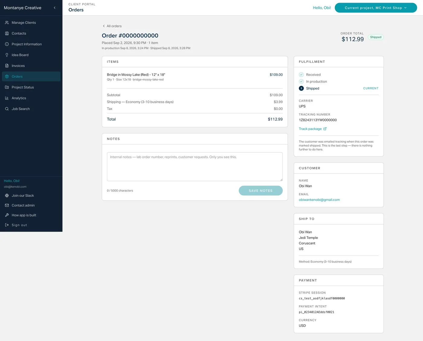 Order-management system order detail: fulfillment pipeline, carrier and tracking, customer, ship-to, and Stripe payment record