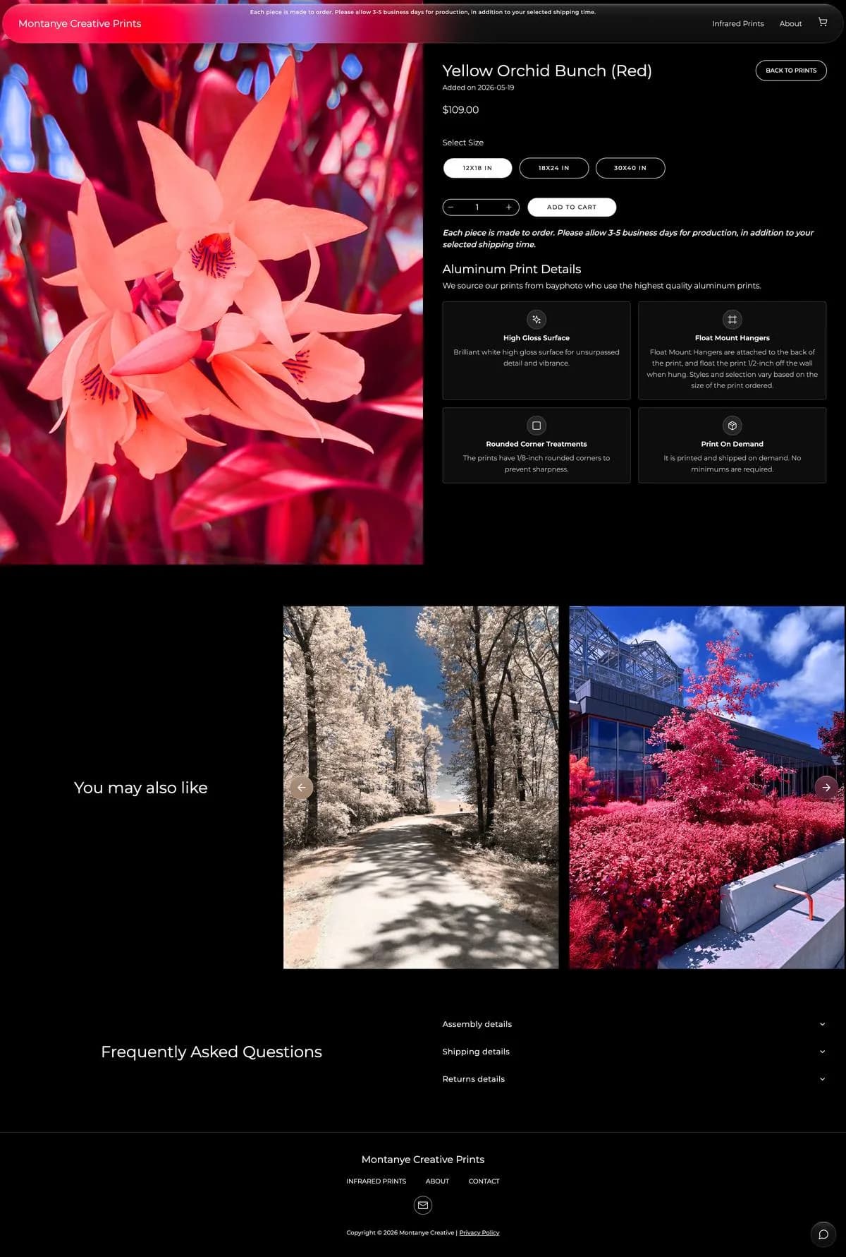 Product page for a red infrared print, Yellow Orchid Bunch