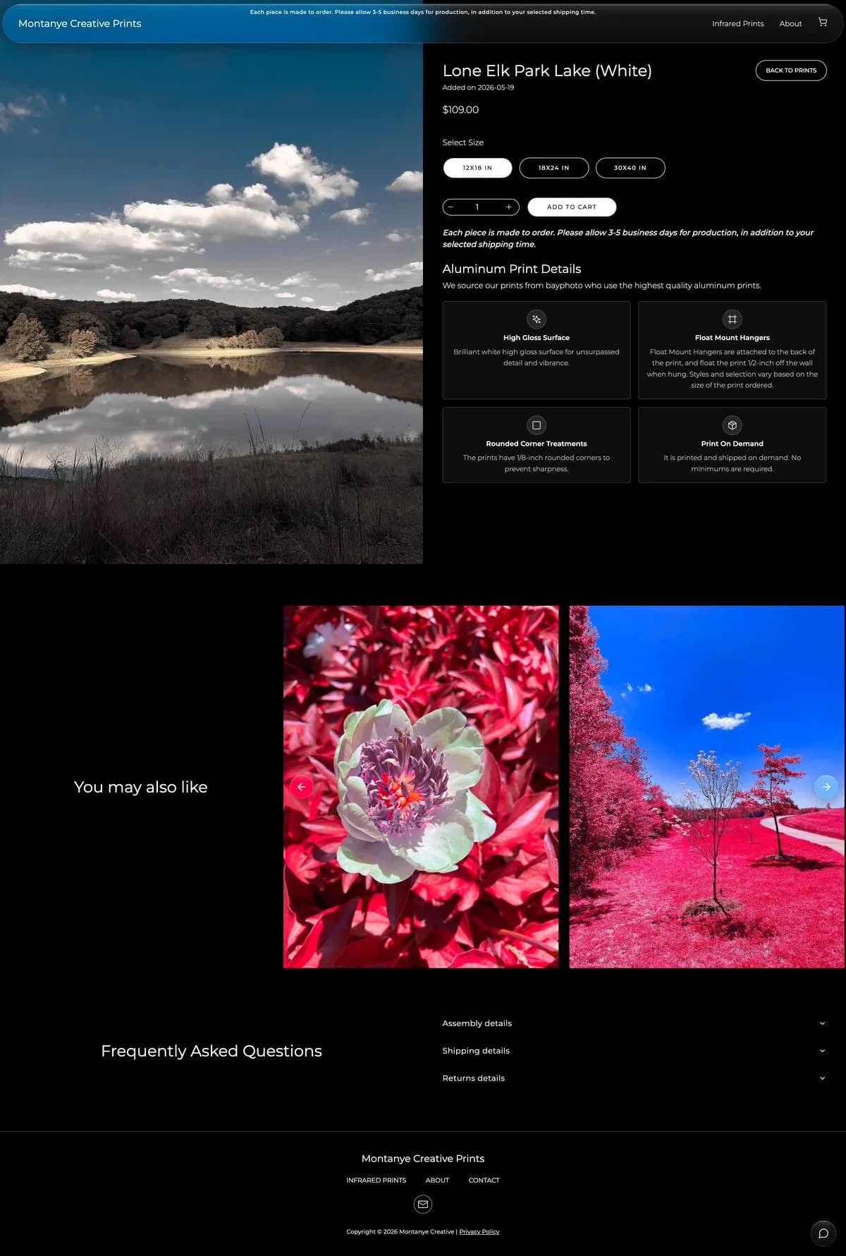 Product page for a white infrared print, Lone Elk Park Lake